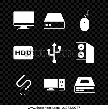 Set Computer monitor screen, Server, Data, Web Hosting, mouse, Optical disc drive, Hard disk HDD and USB icon. Vector