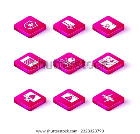Set Monitor with exclamation mark, Browser, Password protection, Smart key, Barbed wire, Graphic password, Folder and lock and Credit card shield icon. Vector
