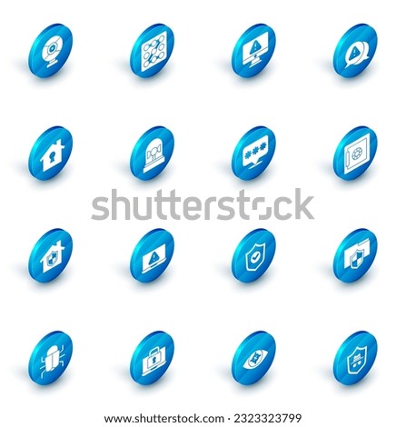 Set Graphic password protection, Monitor with exclamation mark, Exclamation in triangle, House under, Flasher siren, Safe and Password icon. Vector