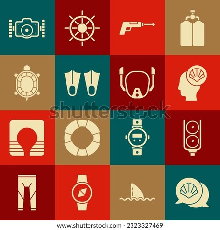 Set Scallop sea shell, Gauge scale, Fishing harpoon, Rubber flippers, Turtle, Photo camera and Diving mask icon. Vector