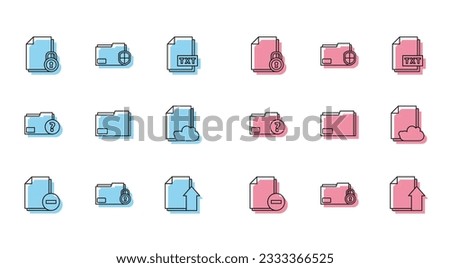 Set line Document with minus, Folder and lock, Upload file document, folder, Cloud storage text, Unknown and protection icon. Vector