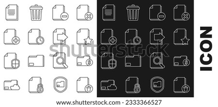 Set line Delete file document, Finance folder, Document with star, minus, clock, Add new,  and Next page arrow icon. Vector