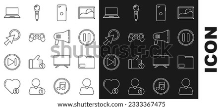 Set line Add to friend, Document folder, Pause button, Smartphone, mobile phone, Gamepad, Arrow cursor, Laptop and Megaphone icon. Vector