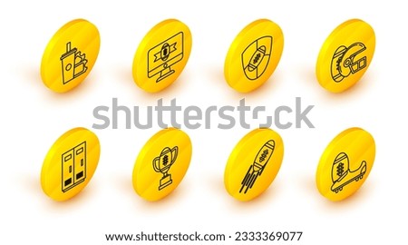 Set line Soccer or football shoes with spikes, Locker changing room for football, basketball team workers, helmet, shield, on tv program and ticket paper glass soda drinking straw icon. Vector