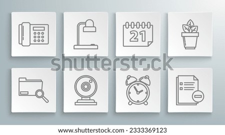 Set line Search concept with folder, Table lamp, Web camera, Alarm clock, Document minus, Calendar, Flowers pot and Telephone icon. Vector