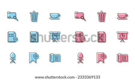 Set line Office chair, Telephone, File document, Presentation financial board graph, schedule, chart, diagram, infographic, pie graph, Document minus and Trash can icon. Vector