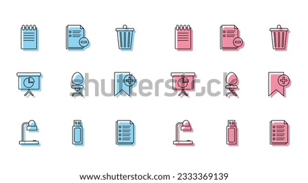 Set line Table lamp, Notebook, File document, Office chair, Bookmark, Presentation financial board with graph, schedule, chart, diagram, infographic, pie graph and Document minus icon. Vector
