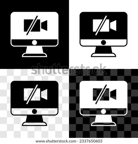Set Video camera Off on computer icon isolated on black and white, transparent background. No video.  Vector