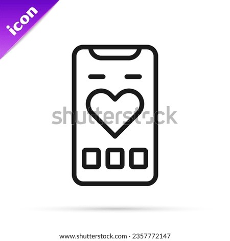 Black line Smartphone with heart rate monitor function icon isolated on white background.  Vector
