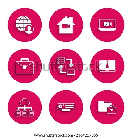 Set Online working, Web camera, Video chat conference, Briefcase, Off laptop and Freelancer icon. Vector