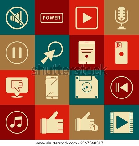 Set Play Video, Rewind, Smartphone, mobile phone, square, Arrow cursor, Pause button, Speaker mute and Tablet icon. Vector