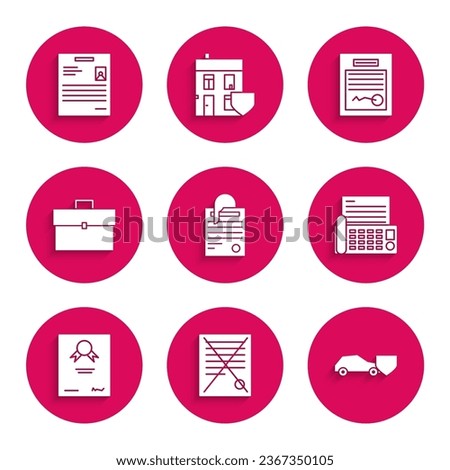 Set File document and paper clip, Delete file, Car with shield, Fax machine, Certificate template, Briefcase, Filled form and Personal icon. Vector