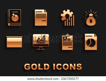 Set Computer monitor with graph chart, Money bag, Document, Clipboard resume, Chalkboard, Pie infographic, User manual and  icon. Vector