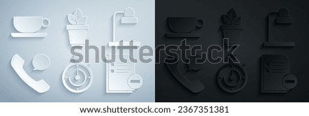 Set Briefcase, Table lamp, Telephone handset and speech bubble chat, Document with minus, Flowers pot and Coffee cup flat icon. Vector
