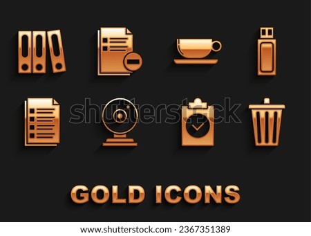 Set Web camera, USB flash drive, Trash can, Completed task, File document, Coffee cup flat, Office folders with papers and documents and Document minus icon. Vector