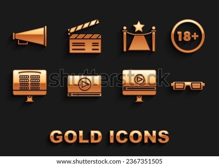 Set Online play video, Under 18 years, 3D cinema glasses, Buy ticket online, Carpet with barriers and star, Megaphone and Movie clapper icon. Vector