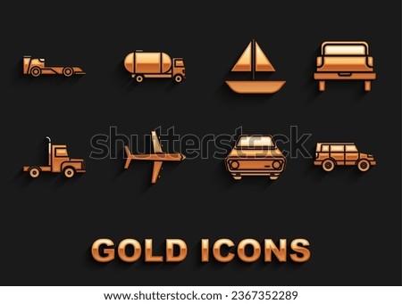 Set Plane, Pickup truck, Off road car, Car, Delivery cargo vehicle, Yacht sailboat or sailing ship, Formula race and Tanker icon. Vector