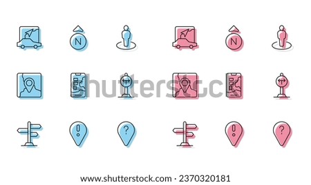 Set line Road traffic sign, Location with exclamation mark, City map navigation, Unknown route point, Fork the road, Folded location marker and Compass icon. Vector