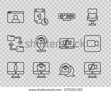 Set line Video chat conference, camera Off computer, Web, Online working,  and Camera icon. Vector