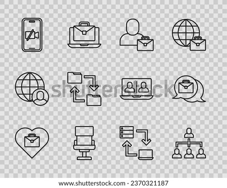 Set line Heart with text work, Hierarchy organogram chart, Freelancer, Office chair, Video camera on mobile, Cloud storage document folder, Online working and  icon. Vector