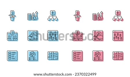 Set line Business finance report, Pie chart infographic, Dollar plant, Stacks paper money cash, Website with growth, Bitcoin browser, Bank building and Financial and dollar icon. Vector