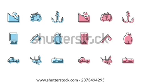 Set line Pickup truck, Swiss army knife, Mountains, Wooden log, axe, Canteen water bottle, Open matchbox and matches and Rv Camping trailer icon. Vector