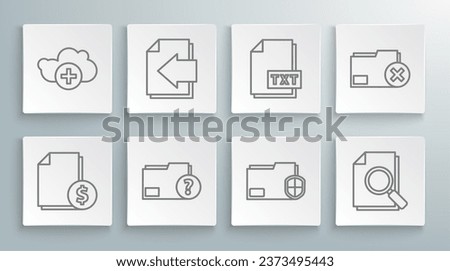 Set line Finance document, Next page arrow, Unknown folder, Document protection, with search, TXT file, Delete and Add cloud icon. Vector