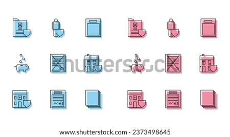 Set line Medical hospital building with shield, Filled form, Document, Clean paper, Delete file document, House, Piggy bank coin and Life insurance icon. Vector