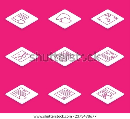 Set line Smartphone insurance, Tooth with shield, Ordered envelope, Document graph chart, Filled form, Personal document, Contract and Confirmed and check mark icon. Vector