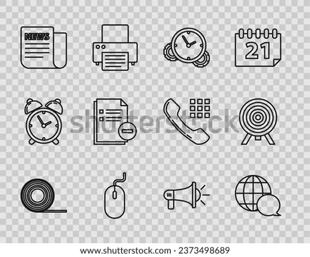 Set line Scotch, World map made from speech bubble, Time Management, Computer mouse, News, Document with minus, Megaphone and Target icon. Vector