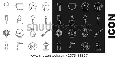 Set line Tombstone with cross, Witches broom, Magic wand, ball, RIP, Meat chopper, Wooden axe and Lollipop icon. Vector