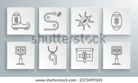 Set line Sport football mechanical scoreboard and result display, Planning strategy concept, Whistle, American tv program, Football,  and Soccer shoes with spikes icon. Vector