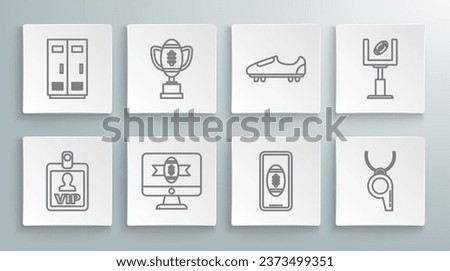 Set line VIP badge, on tv program, Smartphone with american the screen, Whistle, Soccer or shoes spikes, goal post and Locker changing room for football, basketball team workers icon. Vector