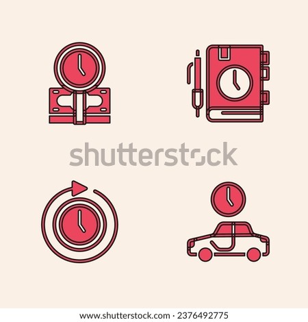 Set Time to travel, is money, Daily paper notepad and Clock with arrow icon. Vector