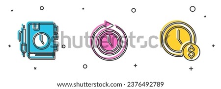 Set Daily paper notepad, Clock with arrow and Time is money icon. Vector