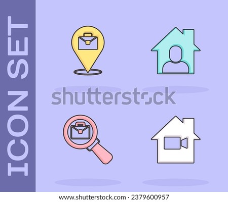 Set Video camera Off in home, Online working, Magnifying glass with briefcase and  icon. Vector