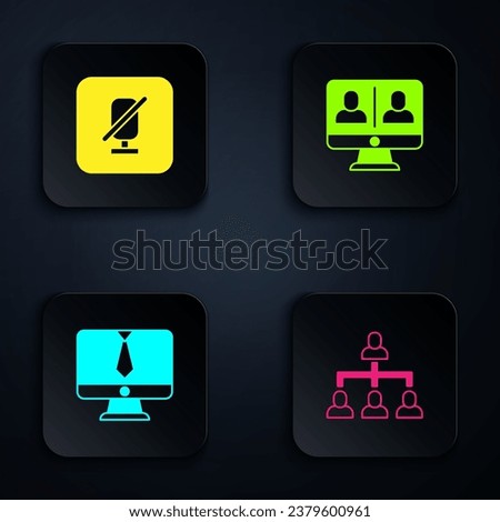 Set Hierarchy organogram chart, Mute microphone, Video chat conference and . Black square button. Vector