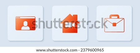 Set Video camera Off in home, chat conference and Briefcase. White square button. Vector