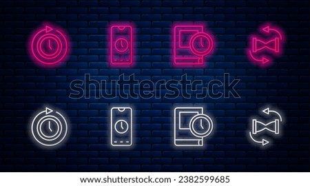 Set line Alarm clock app mobile, Time for book, Clock with arrow and Old hourglass sand. Glowing neon icon on brick wall. Vector