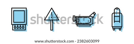 Set line Cinema camera, Open matchbox and matches, Exclamation mark in triangle and Suitcase icon. Vector