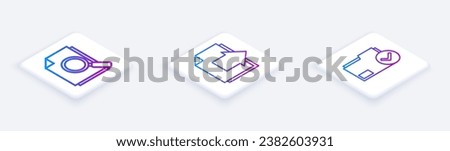 Set Isometric line Document with search, Next page arrow and Document folder and check mark. White square button. Vector