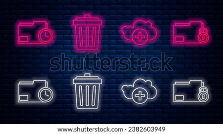 Set line Trash can, Add cloud, Document folder with clock and Folder and lock. Glowing neon icon on brick wall. Vector