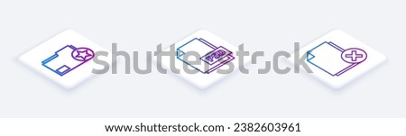Set Isometric line Document folder with star, PSD file document and Delete file document. White square button. Vector