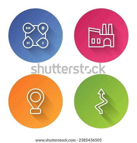 Set line Infographic element, Factory, Location and Arrow. Color circle button. Vector