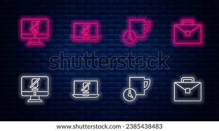 Set line Mute microphone on laptop, Time management, computer and Briefcase. Glowing neon icon on brick wall. Vector