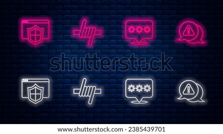 Set line Barbed wire, Password protection, Browser with shield and Exclamation mark in triangle. Glowing neon icon on brick wall. Vector