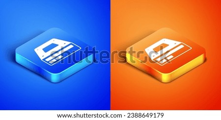 Isometric Optical disc drive icon isolated on blue and orange background. CD DVD laptop tray drive for read and write data disc. Square button. Vector