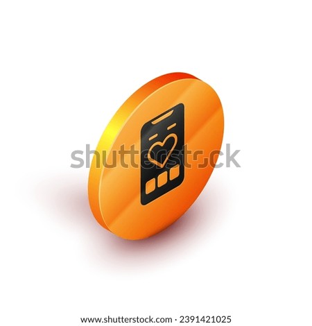 Isometric Smartphone with heart rate monitor function icon isolated on white background. Orange circle button. Vector