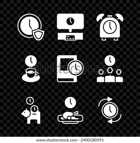 Set Clock with shield, Smart Tv time, Alarm clock, Piggy bank coin, Food, arrow, Coffee and Time for book icon. Vector