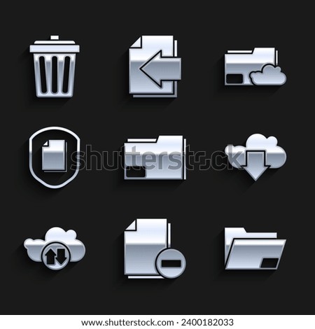 Set Document folder, with minus, Cloud download, and upload, protection concept, storage text document and Trash can icon. Vector